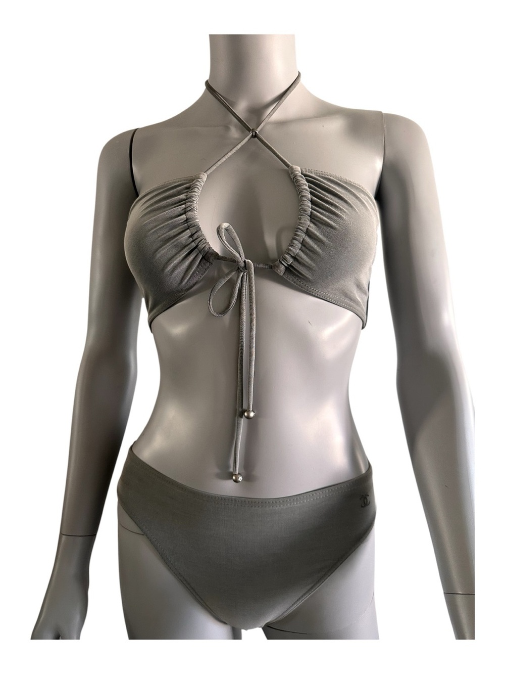 AUTHENTIC CHANEL Silver/Gray Tie-Front Halter Bikini